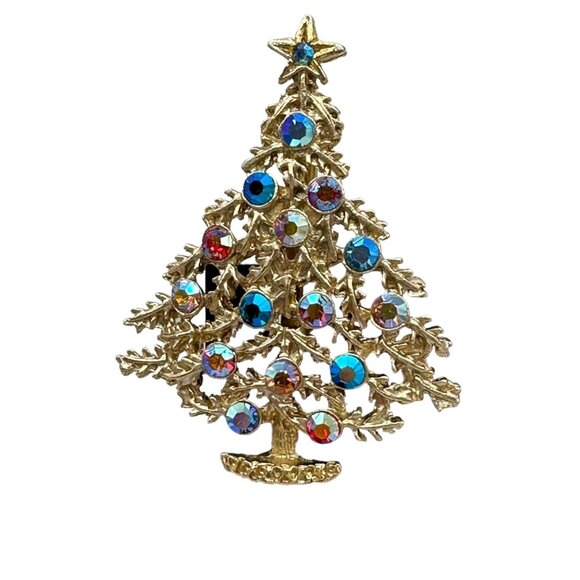 Christmas Tree Brooch Silver Tone Multicolor Rhinestones Jewelry Costume Fashion - Picture 4 of 12